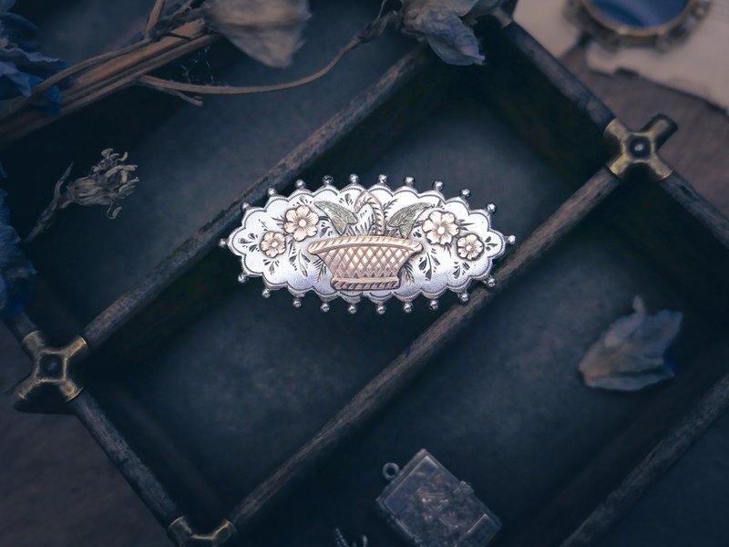 British Victorian Centenary Three-Color Flower Basket Sterling Silver Brooch—European Antique Jewelry Vintage - เข็มกลัด - เงินแท้ 