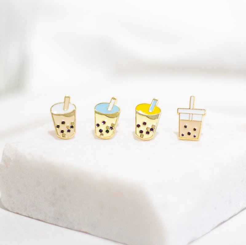 Milk tea with tapioca balls, Taiwanese Food earrings and clip-ons - Earrings & Clip-ons - Enamel Gold