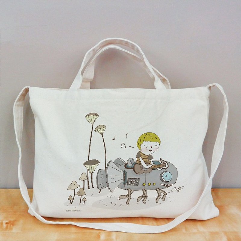 Illustrator BaNAna Ajiao happy in the details of life, cultural and creative style horizontal canvas bag - กระเป๋าคลัทช์ - ผ้าฝ้าย/ผ้าลินิน สีกากี