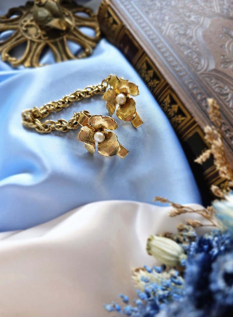 霧金葉脈珍珠復古衣夾/針織衣夾/襯衫衣夾/美國西洋古董飾品 - 其他 - 其他金屬 