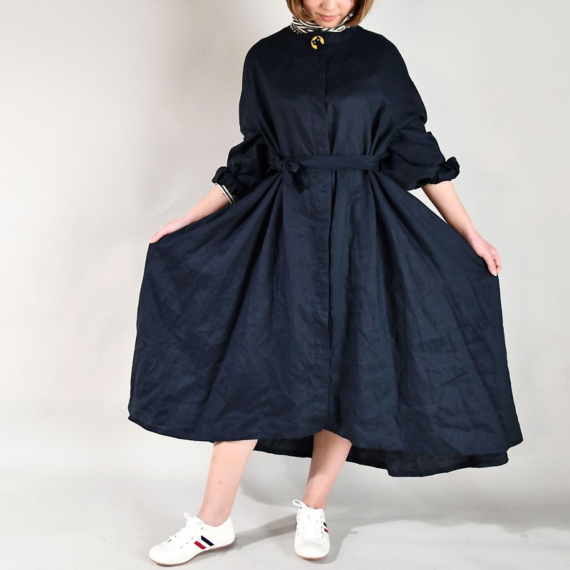 Autumn and winter shirt-style long dress jacket blue black / display 40% off only one piece - One Piece Dresses - Cotton & Hemp Blue