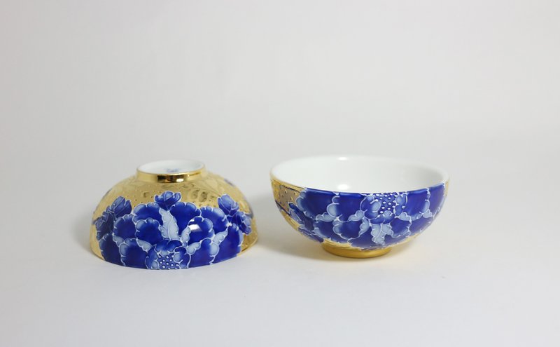 純手繪茶杯-全鎏金半朵牡丹對杯(中圓杯)-青花 - 茶壺/茶杯/茶具 - 瓷 藍色