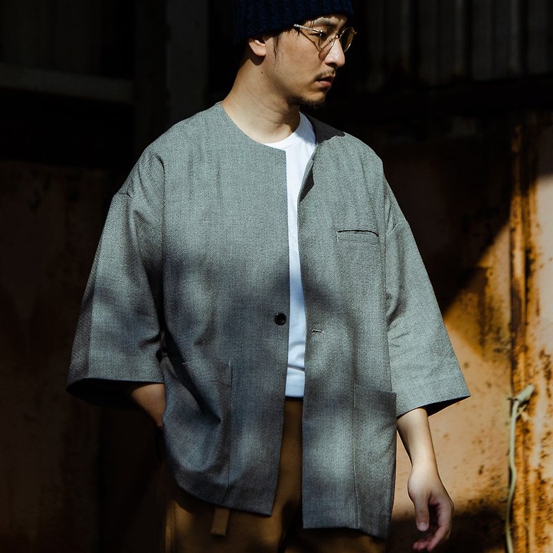 Japanese style collarless blouse Noriyoshi gray - Men's Coats & Jackets - Cotton & Hemp Gray
