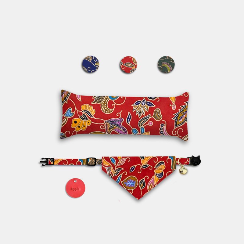 寵物貓咪派對禮盒 | 手工定制 Batik Red Pet Bundle Box - 項圈/牽繩 - 棉．麻 紅色