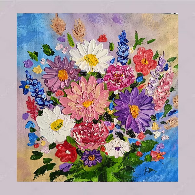 Oil Painting Bright Flowers Chamomile Roses Artistic Miniature Impasto 6 x 6 inc - Wall Décor - Other Materials Multicolor