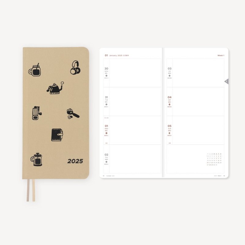 YouthWill Latte Temperature 2025 Weekly Two-page Weekly Planner Eight-grid Cloth Cover - สมุดบันทึก/สมุดปฏิทิน - กระดาษ 