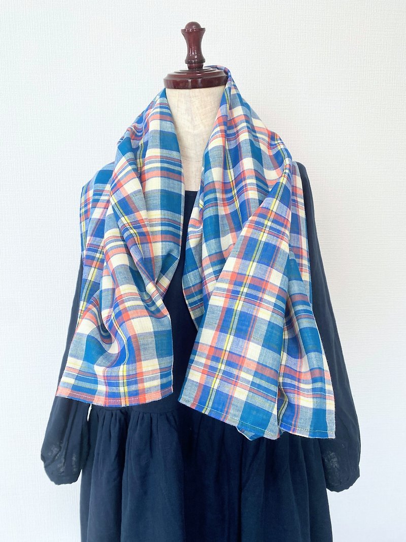 convenient Stole　tartan check　double gauze　Snood　Stall　Scarf　cardigan - Knit Scarves & Wraps - Cotton & Hemp Blue