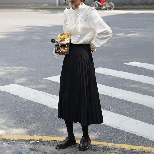 Black Elastic High Waist Pleated Skirt|Skirt|Summer and Autumn  Style|Sora-788
