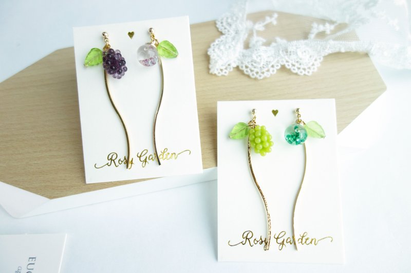 Rosy Garden 夏日水果 葡萄不對稱流沙水晶球長款耳環 可換耳夾 - 耳環/耳夾/耳骨夾 - 玻璃 紫色