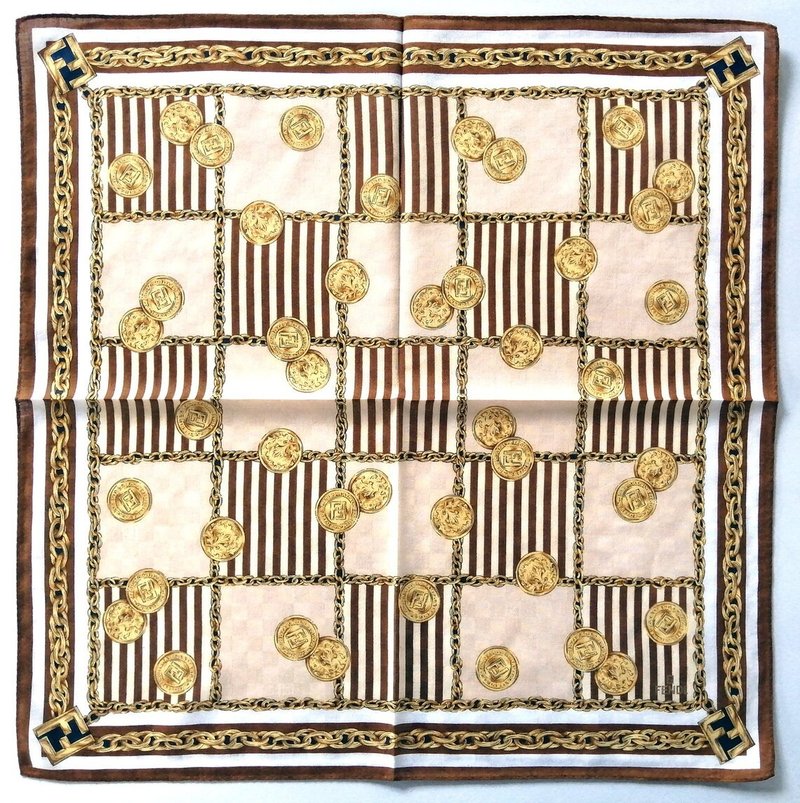 Fendi Vintage Handkerchief Luxury Coins Logo 19.5 x 19.5 Inches - 手帕 - 棉．麻 卡其色