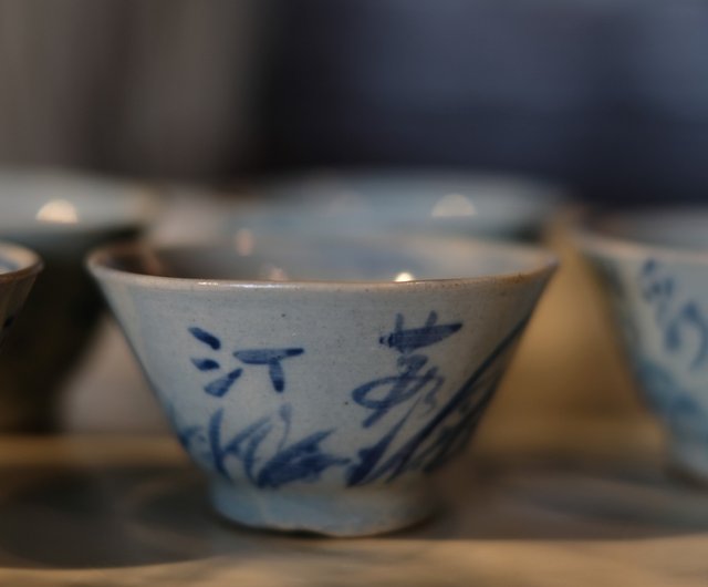 日本古美術】唐草漢詩紋青花茶杯5客天然薌沉香檀香茶器香道具