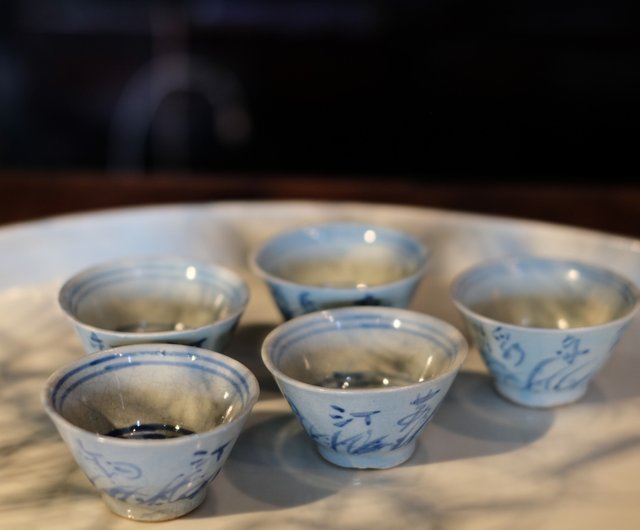 日本古美術】唐草漢詩紋青花茶杯5客天然薌沉香檀香茶器香道具