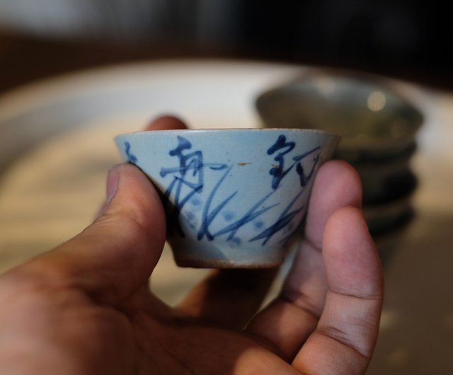 日本古美術】唐草漢詩紋青花茶杯5客天然薌沉香檀香茶器香道具