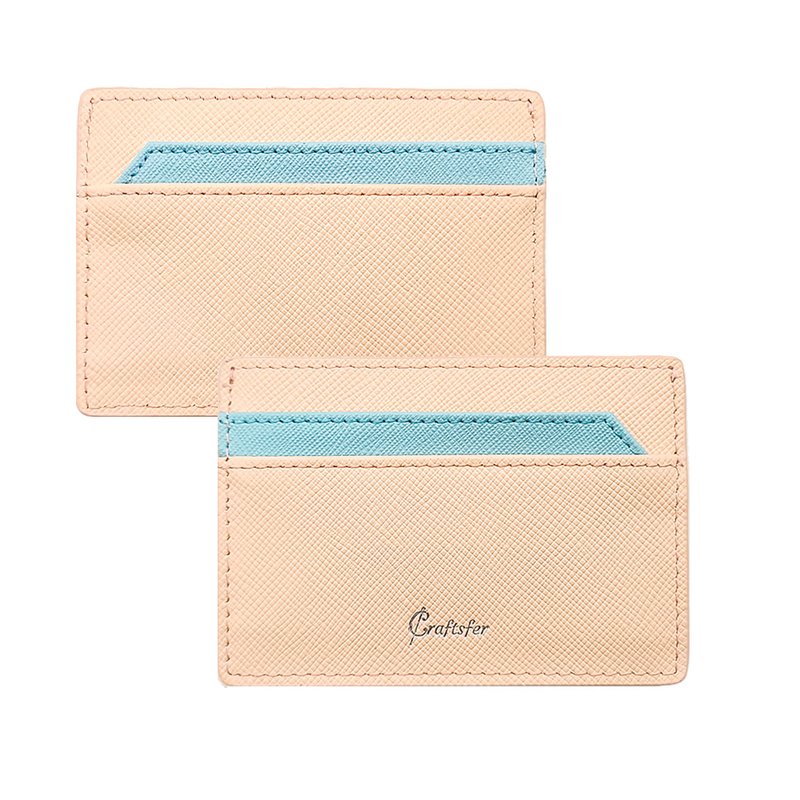 [Engraving] Italian Cross Pattern SandwichRFID Card Holder (Pink Skin|Aqua Blue) - ที่เก็บนามบัตร - หนังแท้ สีกากี