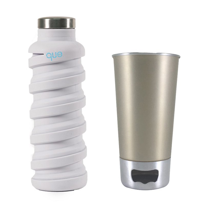 Que Environmental Retractable Water Bottle / White / 600ml + asobu Open Beer Bottle / 304 Stainless Steel / Champagne Gold / 480ml - Pitchers - Silicone White