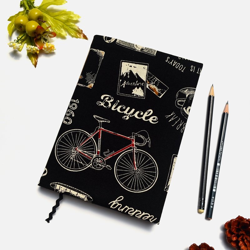 Happy Traveling book cover with bookmark handmade Print Cotton Fabric canvas - ปกหนังสือ - ผ้าฝ้าย/ผ้าลินิน สีดำ