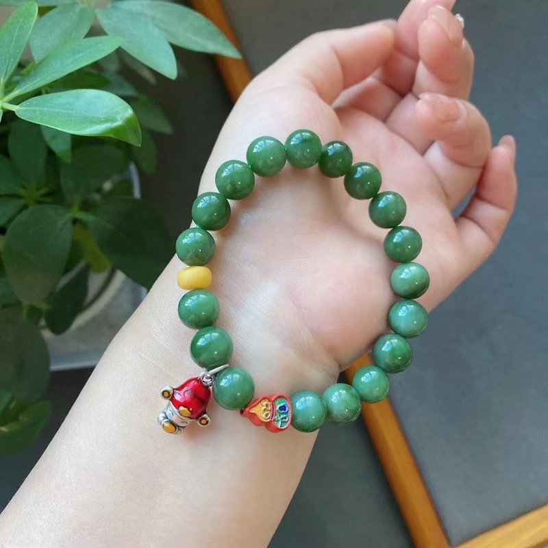 天然和田碧玉手鏈配硃砂葫蘆蜜蠟算盤珠足銀財神財源滾滾福祿雙全 - 手鍊/手環 - 玉石 
