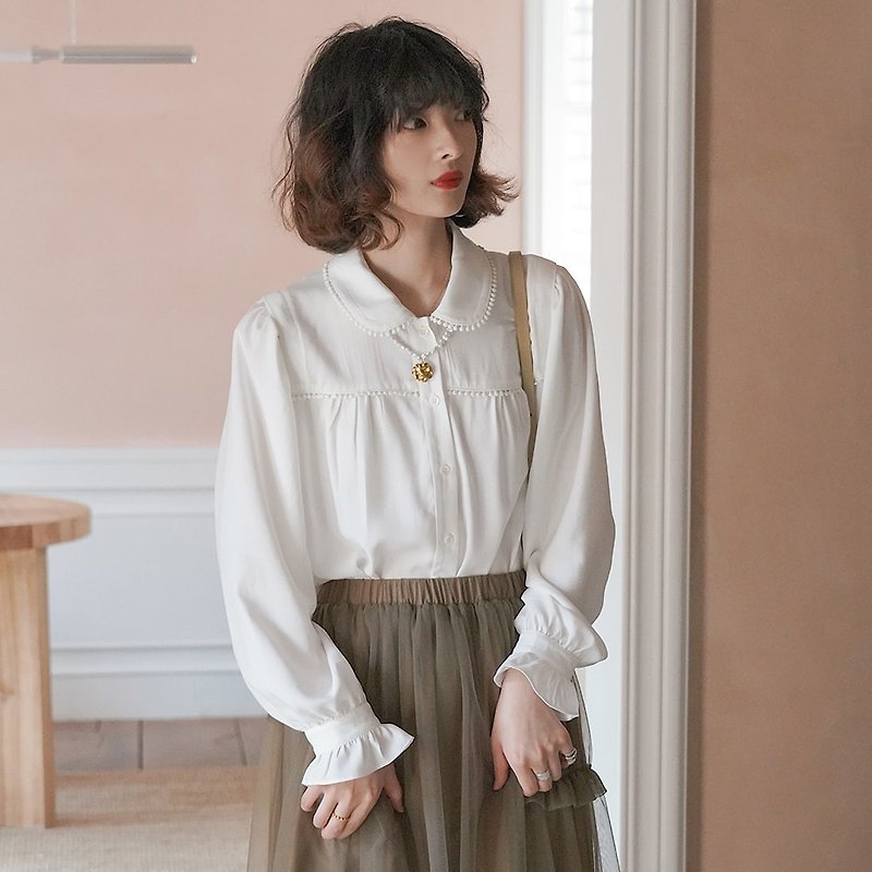 Lace Doll Collar Puff Sleeve Shirt|Shirt|Spring Style|Sora-677 - Women's Shirts - Other Man-Made Fibers White