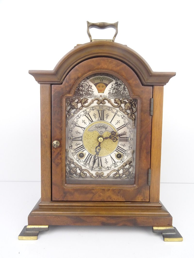 Antique Vintage Dutch Mantel Clock Warmink Wuba Shelf Bracket Moon Phase 8 day - Clocks - Wood Brown