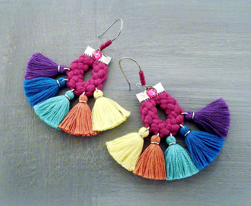 Colorful Fan Tassel Earrings Bohemian Carnival Style - Earrings & Clip-ons - Thread Multicolor