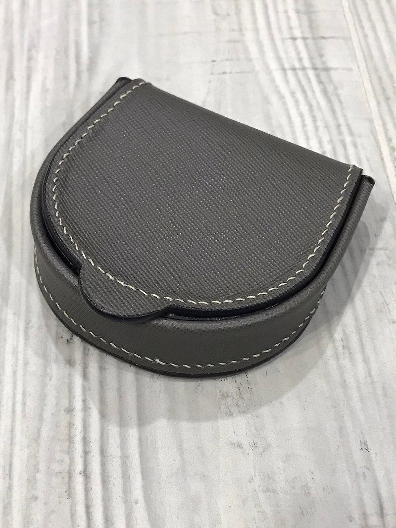Horseshoe-shaped colt stitch coin purse category LV coin purse gentleman gray + beige thread - Coin Purses - Genuine Leather 