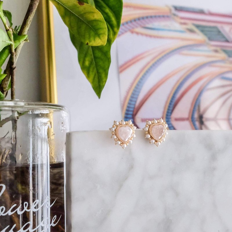 ALYSSA & JAMES 珍珠粉紅水晶心型耳環 925銀針 - 耳環/耳夾 - 半寶石 粉紅色