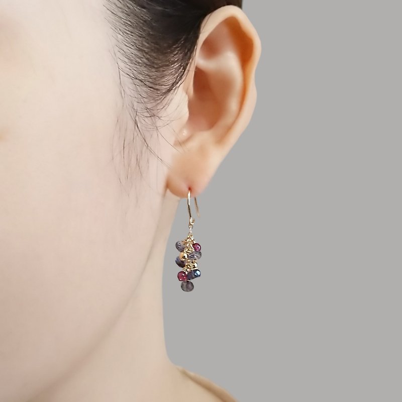 Iolite Faceted Rondelles, Garnet Round Beads Cluster 14K GF Dangle Earrings - ต่างหู - เครื่องประดับพลอย สีม่วง
