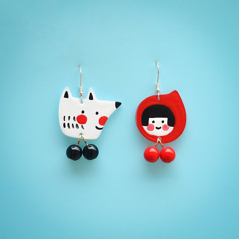 Little Red Riding Hood and Big Bad Wolf fairy tale hand-painted earrings cute ear clips - ต่างหู - เรซิน สีแดง