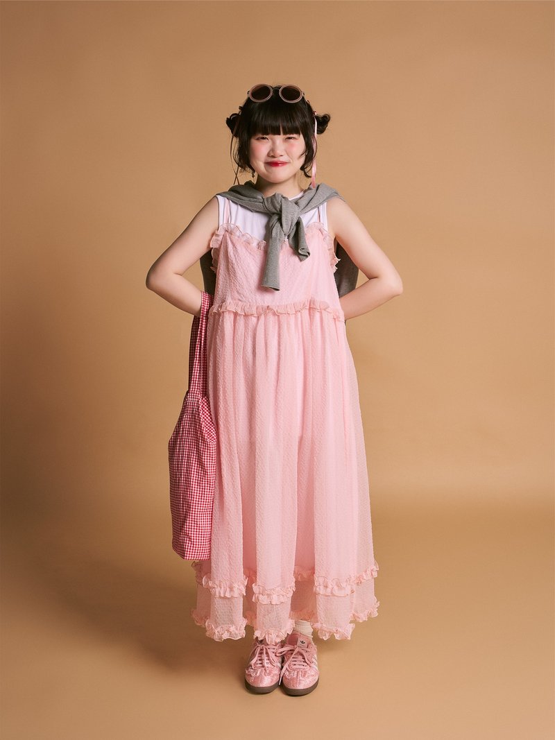 Unicutie Soft waves light lace slip dress - ชุดเดรส - วัสดุอื่นๆ สึชมพู