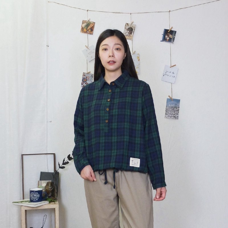 Hana Mokuba 清新格紋綁帶收口襯衫上衣 - 女襯衫 - 棉．麻 