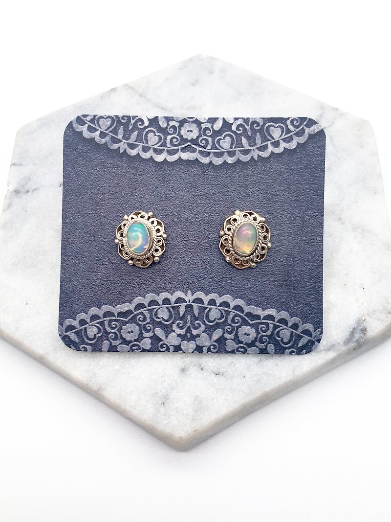 Opal 925 sterling silver lace earrings Nepal handmade mosaic production - ต่างหู - เครื่องเพชรพลอย สีเงิน