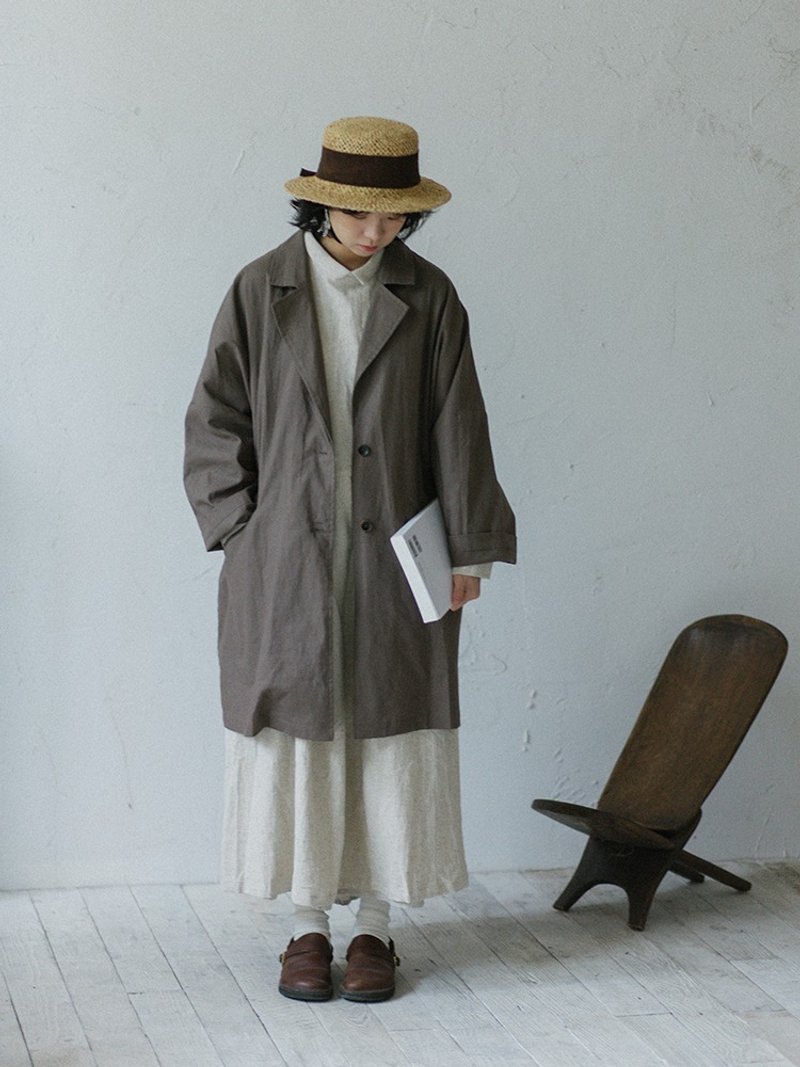 Fernfield | Autumn Brown and Grey Lapel Trench Coat - เสื้อสูท/เสื้อคลุมยาว - ผ้าฝ้าย/ผ้าลินิน 