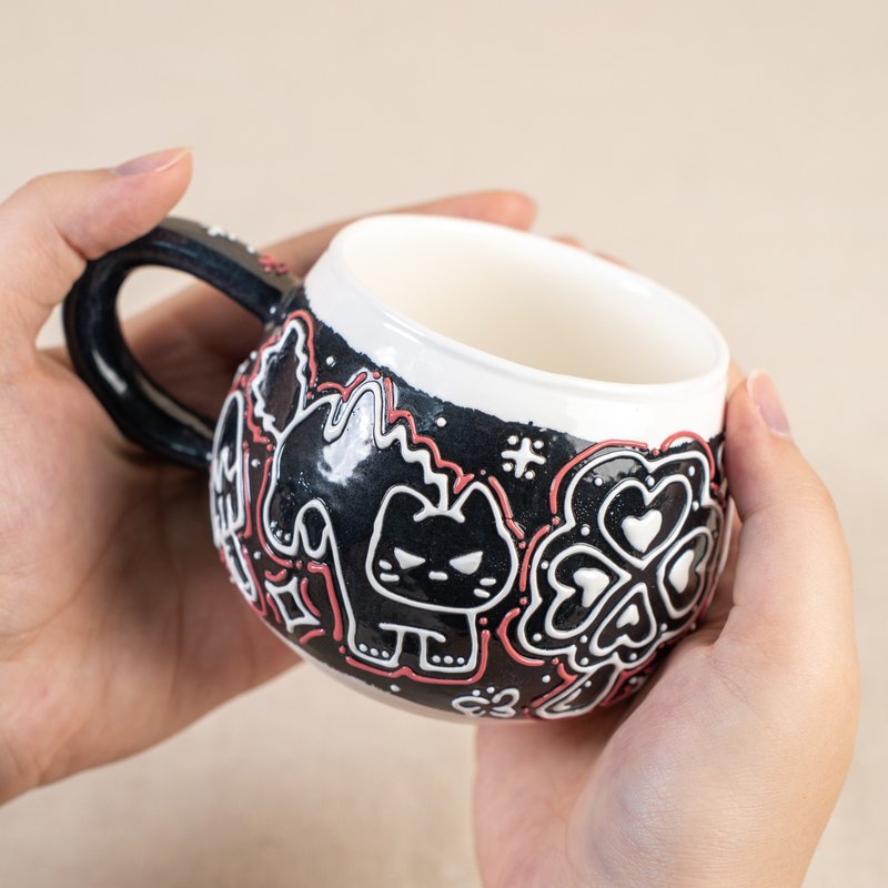 Anime 3D Handpainted Coffee Mugs Playful Black Cat Mugs for Morning Espresso - Mugs - Pottery Black