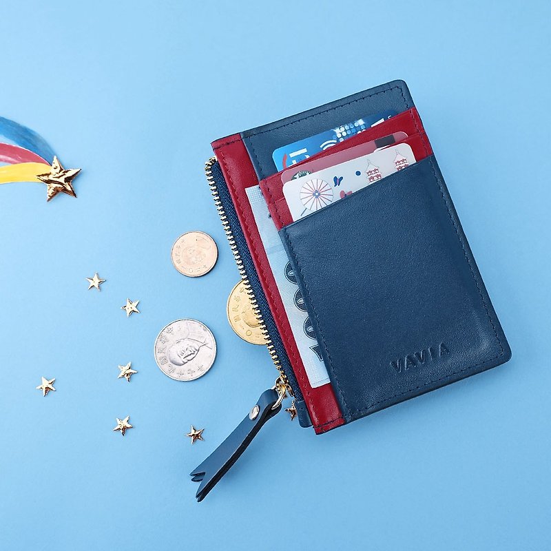 Zipped Card Purse สี Navy Blue & Red (กรมท่า-แดง) ทำจากหนังวัวแท้ - กระเป๋าสตางค์ - หนังแท้ สีน้ำเงิน