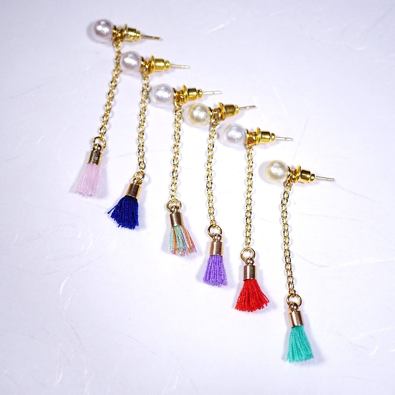 A Handmade mix and match custom cotton tassel hanging earrings with pearl earrings - Earrings & Clip-ons - Gemstone Multicolor
