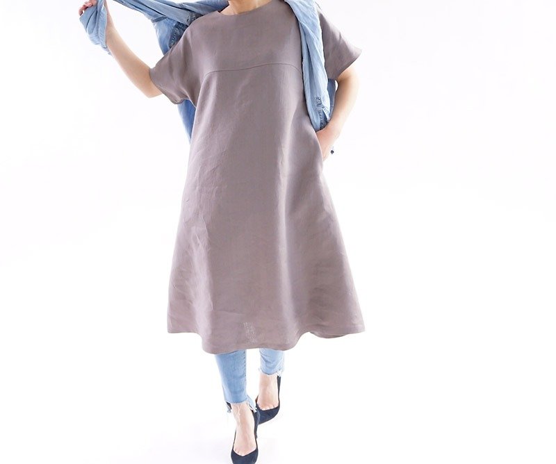 ベルギーリネン フレアーラインのドルマン ワンピース/ヴァニーユ a16-5 - 洋裝/連身裙 - 棉．麻 灰色