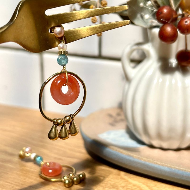 Laolin Groceries | Two-Wear Southern Red Agate Stone Earrings (Pin/Clip) - ต่างหู - เครื่องประดับพลอย สีส้ม