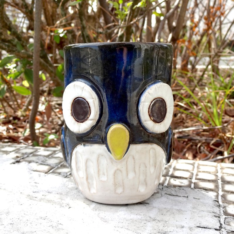 可愛藍色貓頭鷹陶藝杯 - 咖啡杯/馬克杯 - 陶 藍色