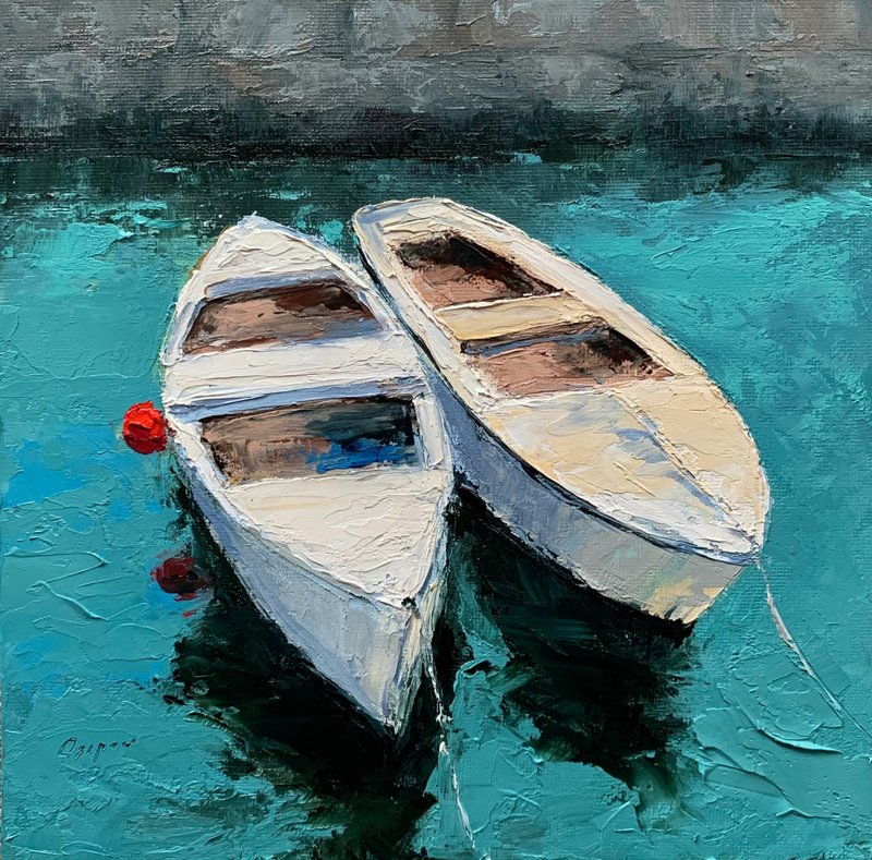 Original Seascape Oil Painting On Canvas Boats Landscape Textured Impasto Art - 壁貼/牆壁裝飾 - 棉．麻 多色