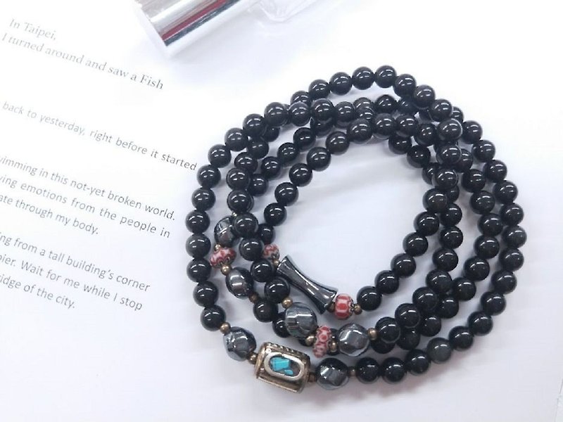 [108 rosary series. The only product] 6mm obsidian*obsidian*glass rosary - Bracelets - Crystal Black