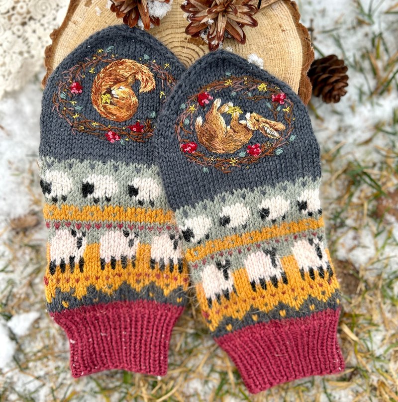 手工編織連指手套，搭配手工刺繡 - 手套/手襪 - 羊毛 多色