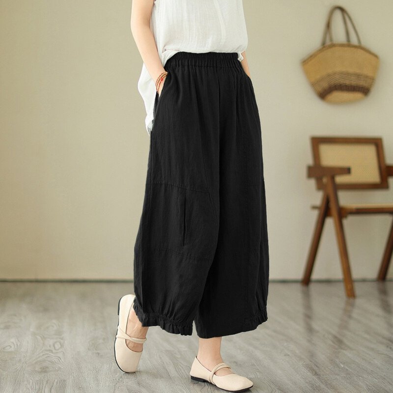 Vintage Casual  Cotton - Wide Leg Pants - Straight Leg Elastic Waist Pants - 女長褲 - 棉．麻 多色