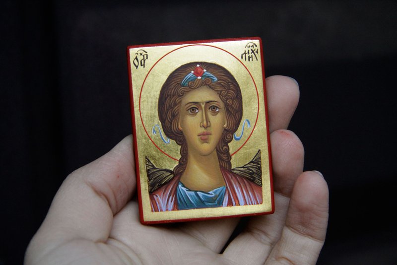 hand painted orthodox wood icon  Saint  Archangel Michael pocket size miniature - 其他 - 木頭 紅色