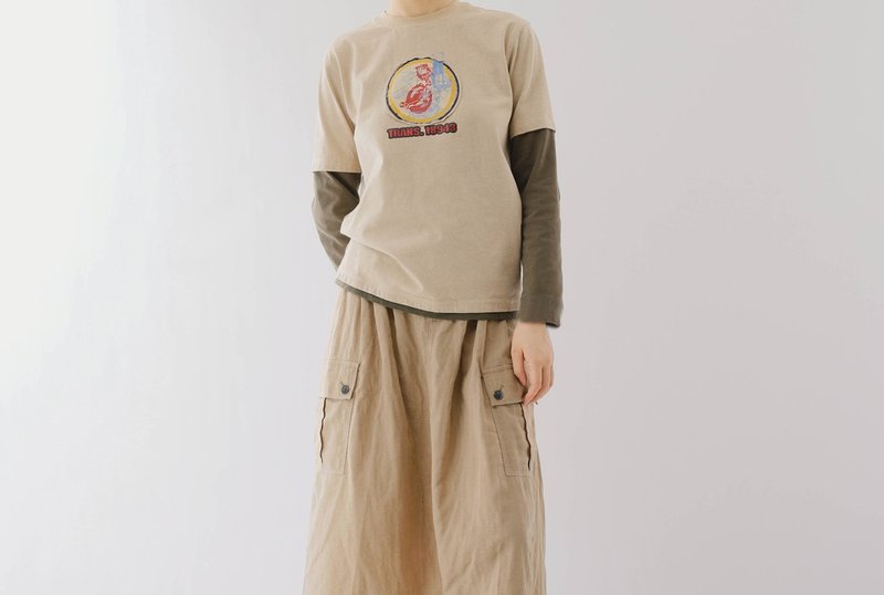 美式復古 cityboy少年感街頭休閒撞色假兩件圓領T恤 - 女 T 恤 - 棉．麻 卡其色