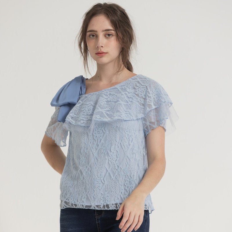 Off-shoulder strapped spliced ​​gauze top blue - เสื้อผู้หญิง - เส้นใยสังเคราะห์ สีน้ำเงิน