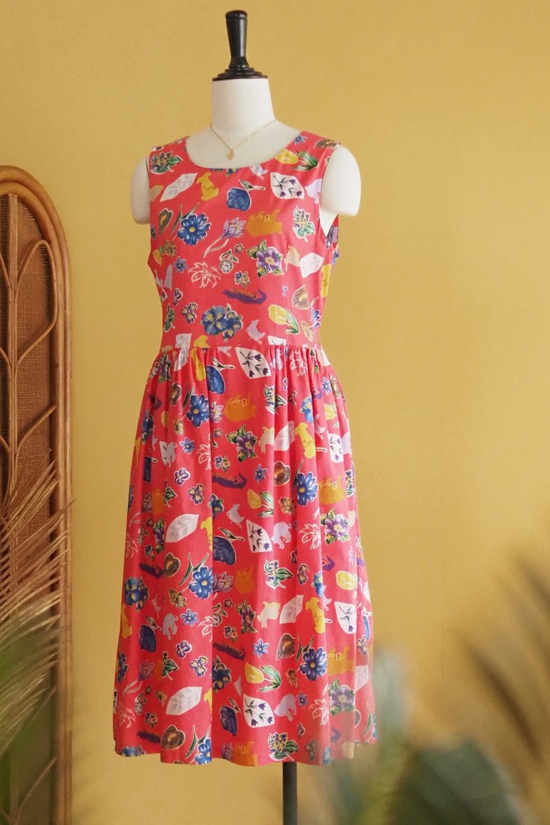 古著洋裝 | Size L | Pinky red flower animal pattern summer - 洋裝/連身裙 - 棉．麻 紅色