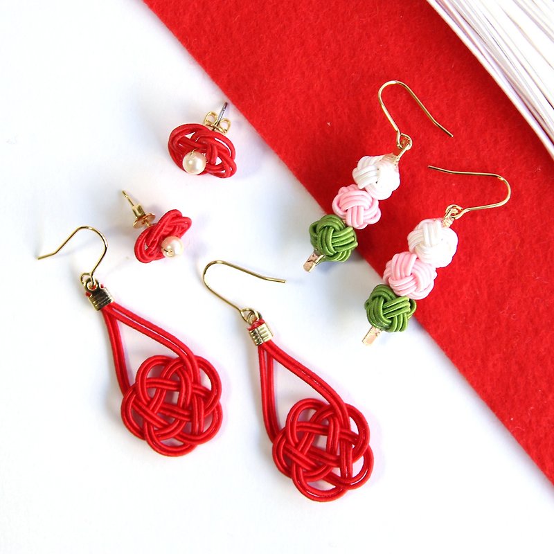 Goody Bag / red / japanese style pierce earring / mizuhiki / japan / accessory - Earrings & Clip-ons - Silk Red