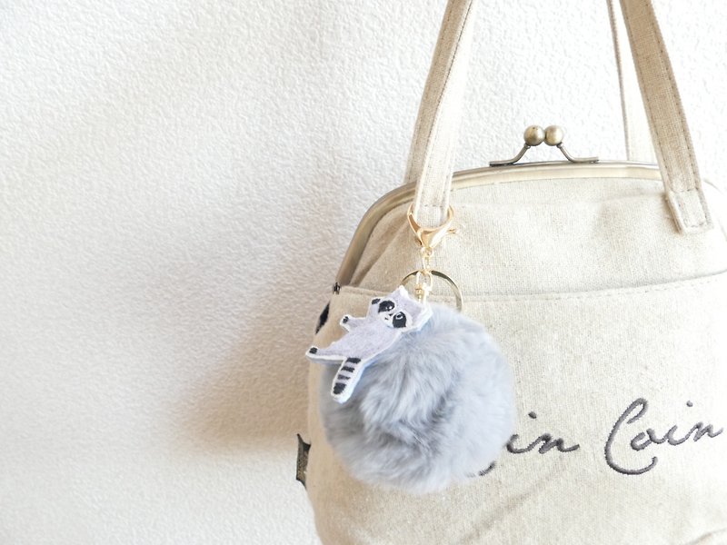 Fur pompon bag charm gray embroidered raccoon - Keychains - Cotton & Hemp Gray