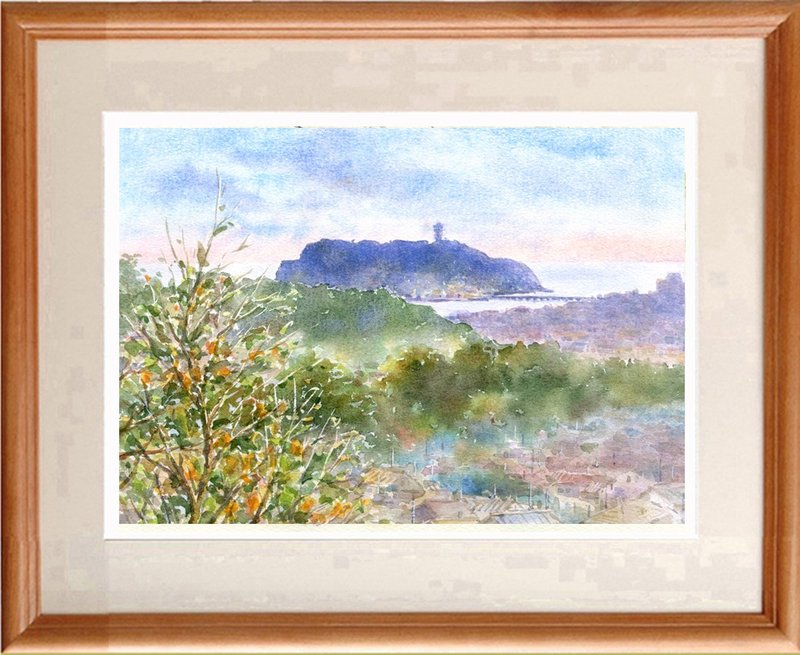 Original watercolor painting Enoshima distant view from Mt. Kamakura - โปสเตอร์ - กระดาษ 