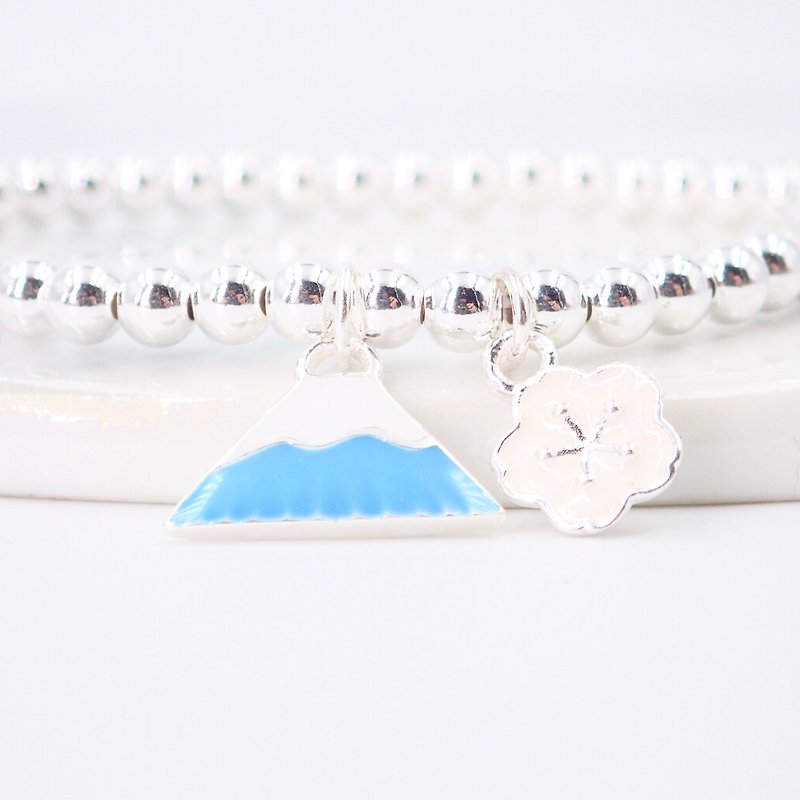 Blue Mt. Fuji with White Sakura Silver 925 Bracelet - Bracelets - Sterling Silver Blue